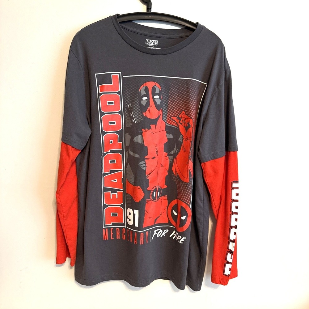 Marvel Deadpool Mercenary For Hire T-Shirt 2XL Long Sleeve Graphic Print Casual